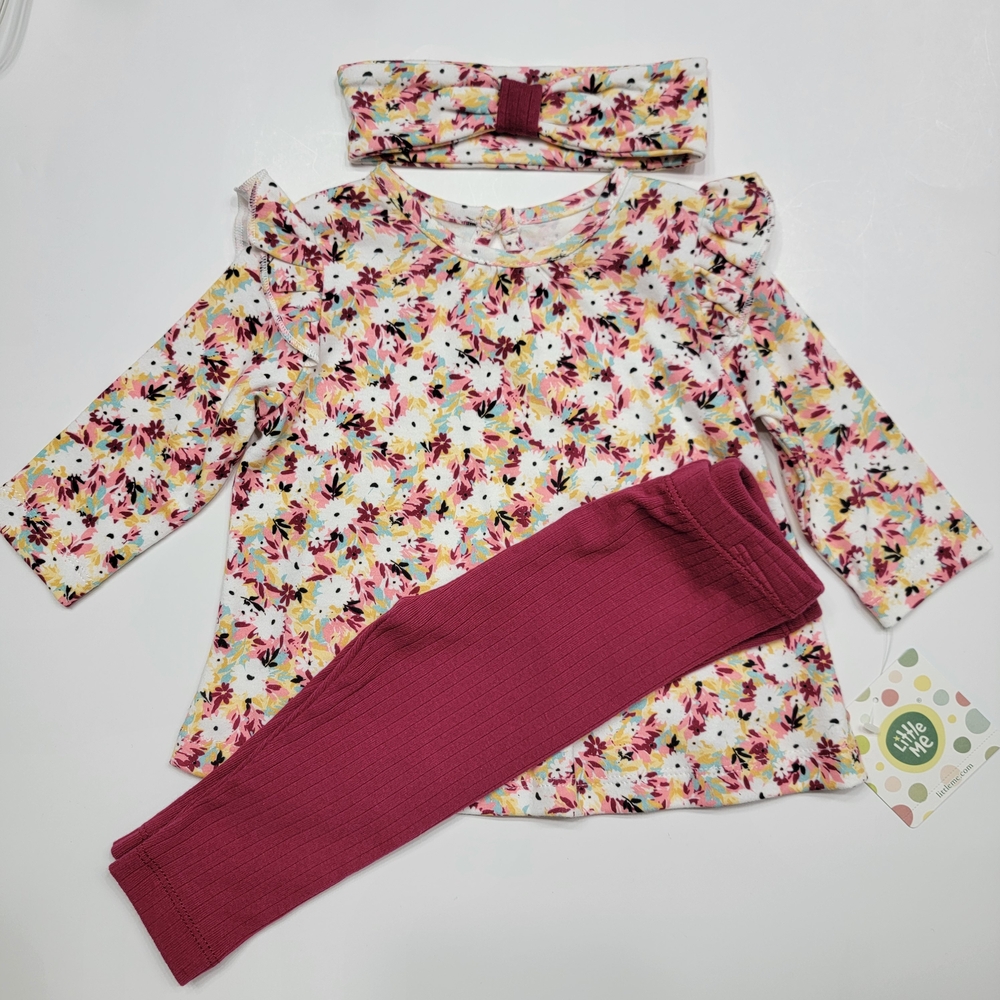 Little Me Baby Floral Set with Headband Ruffle Longsleeve And Pants. 3pc Sz-6M